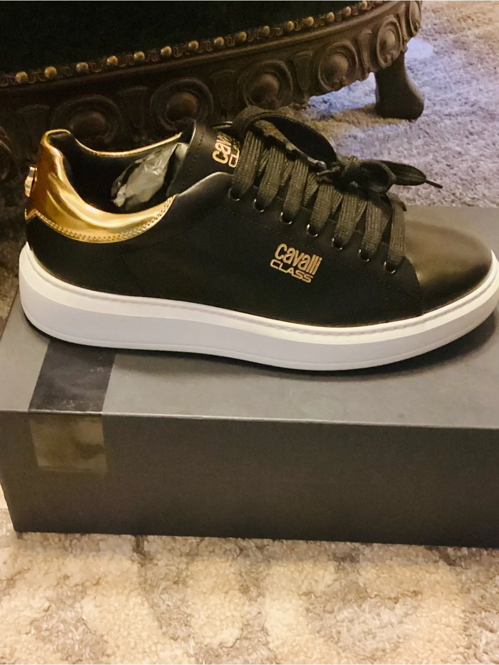 Cavalli Class Men's Black & Gold Low-Top Sneaker with White Sole